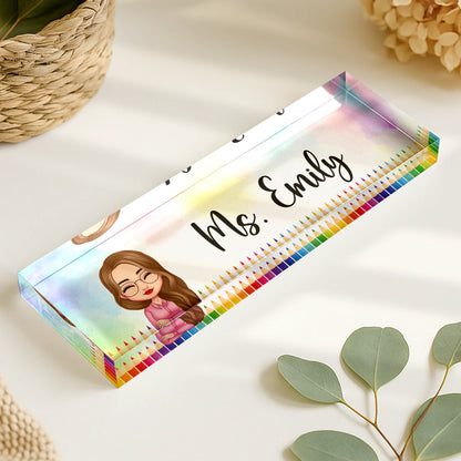 Personalized teacher desk name plate featuring a custom chibi cartoon avatar and classroom doodles image 6