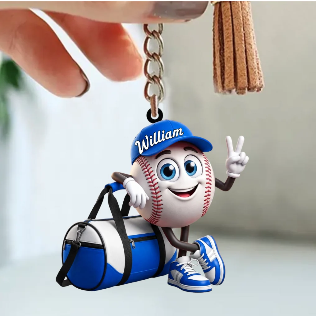 Cute V-Sign Mascot Personalized Baseball Acrylic Keychain - Custom Name Softball Bag Tag Gift