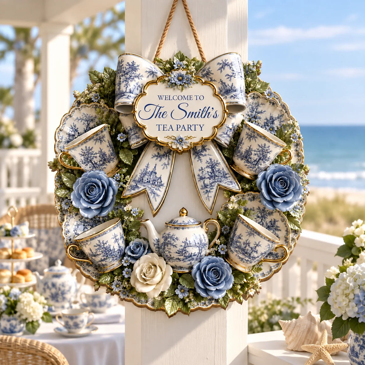 Welcome To Our Tea Party Personalized Wood Sign - Custom Blue Rose Teacup Wreath Decor for Tea Lovers