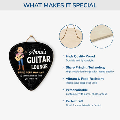 Guitar Lounge Wood Sign - Personalized Bring Your Own Amp Pick Plaque for Music Lovers