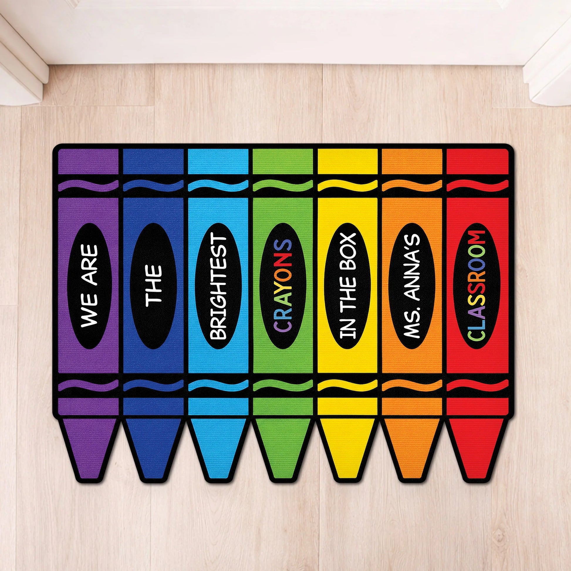 Custom teacher doormat shaped like colorful crayons for classroom decor