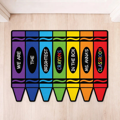Custom teacher doormat shaped like colorful crayons for classroom decor