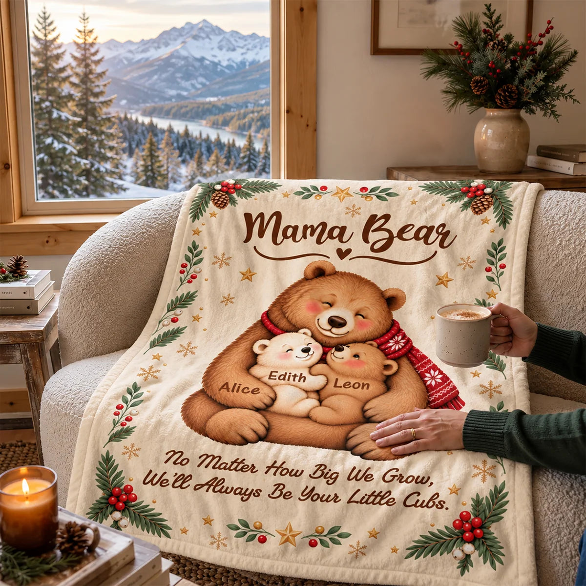 "Always Be Your Little Cubs" Personalized Mama Bear Blanket - Custom Kids' Names Christmas Gift for Mom