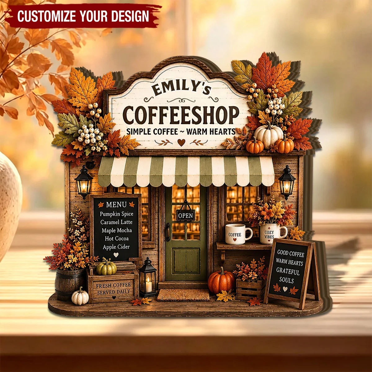 Custom Fall Coffee Bar Sign - Personalized Autumn Coffee Shop Wooden Block Decor