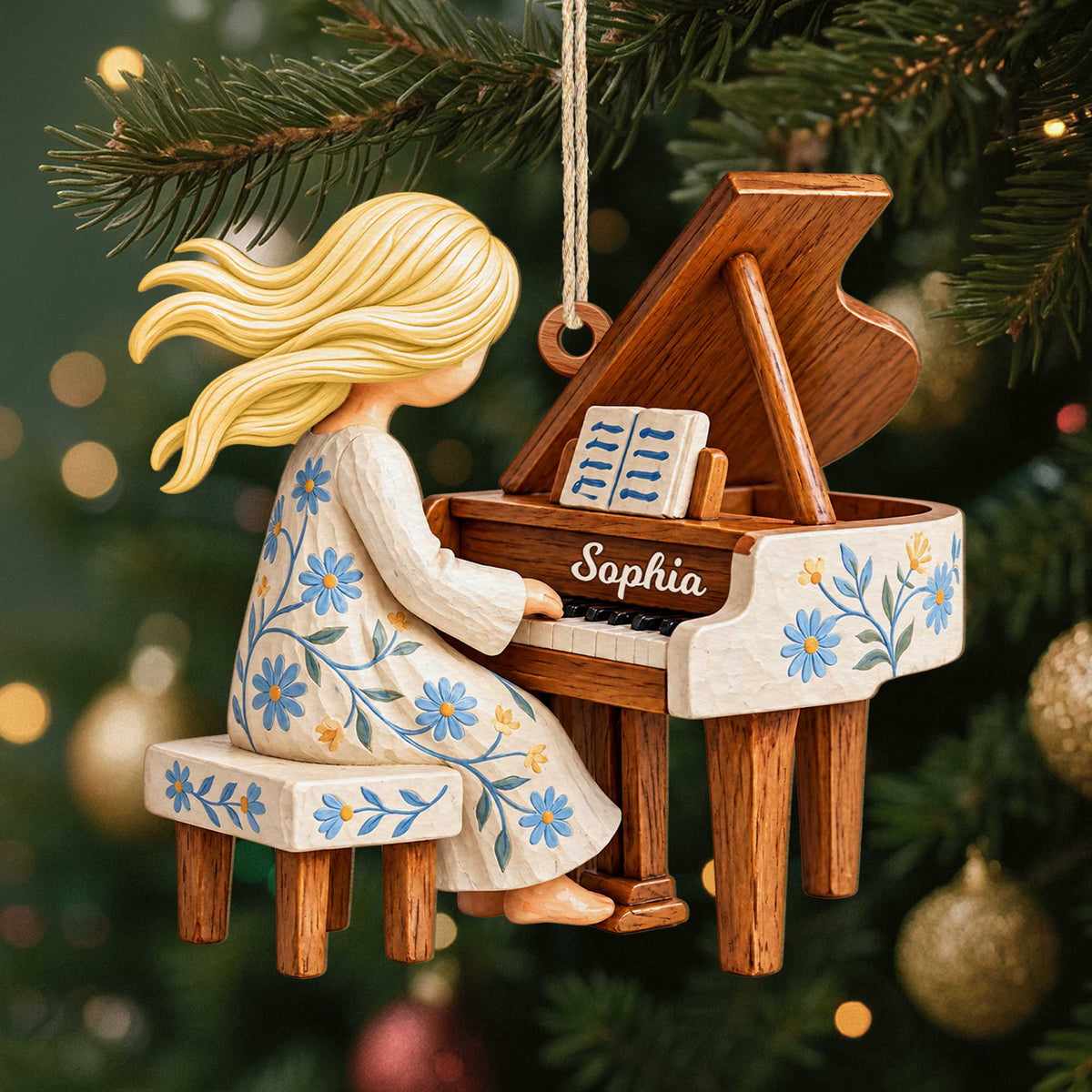 Floral Grand Piano Girl Personalized Wooden Ornament - Christmas Keepsake Gift for Pianist Music Teacher