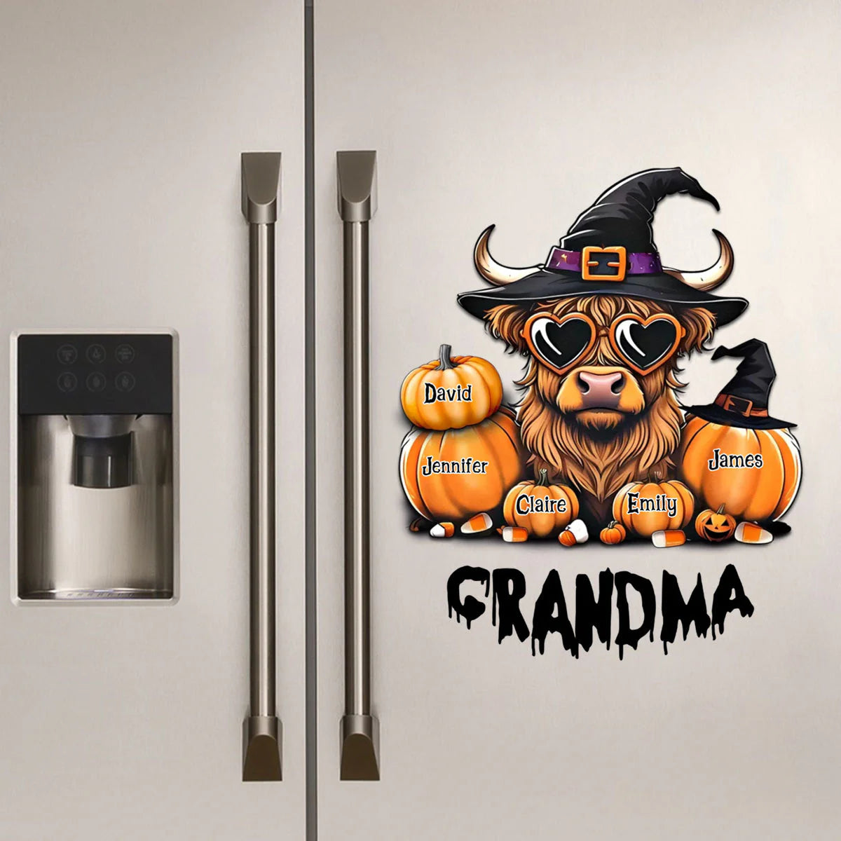 Personalized grandma halloween decal with highland cow and custom grandkid names on pumpkins image 6