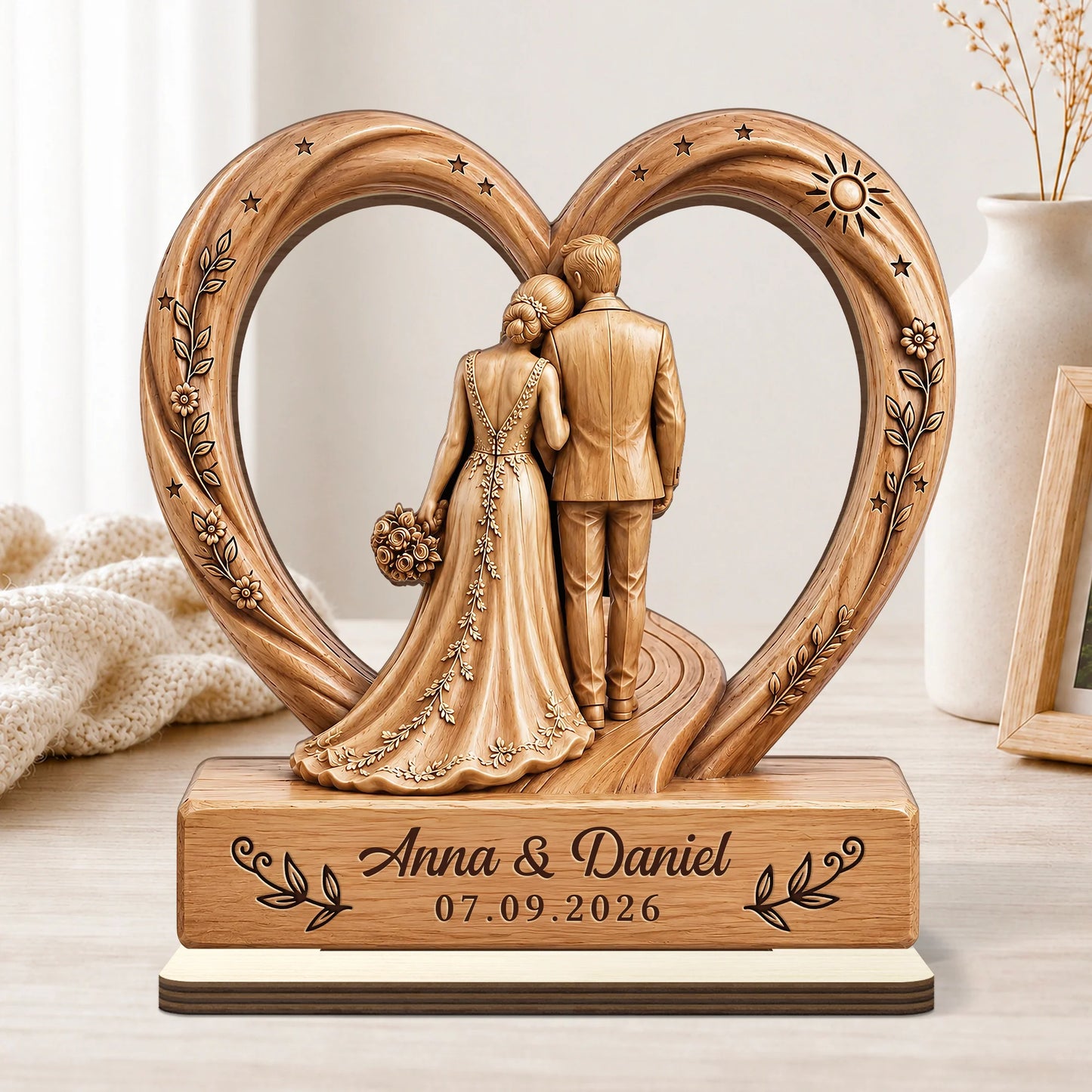 Custom Wedding Couple Heart Wooden Plaque - Personalized Anniversary Keepsake