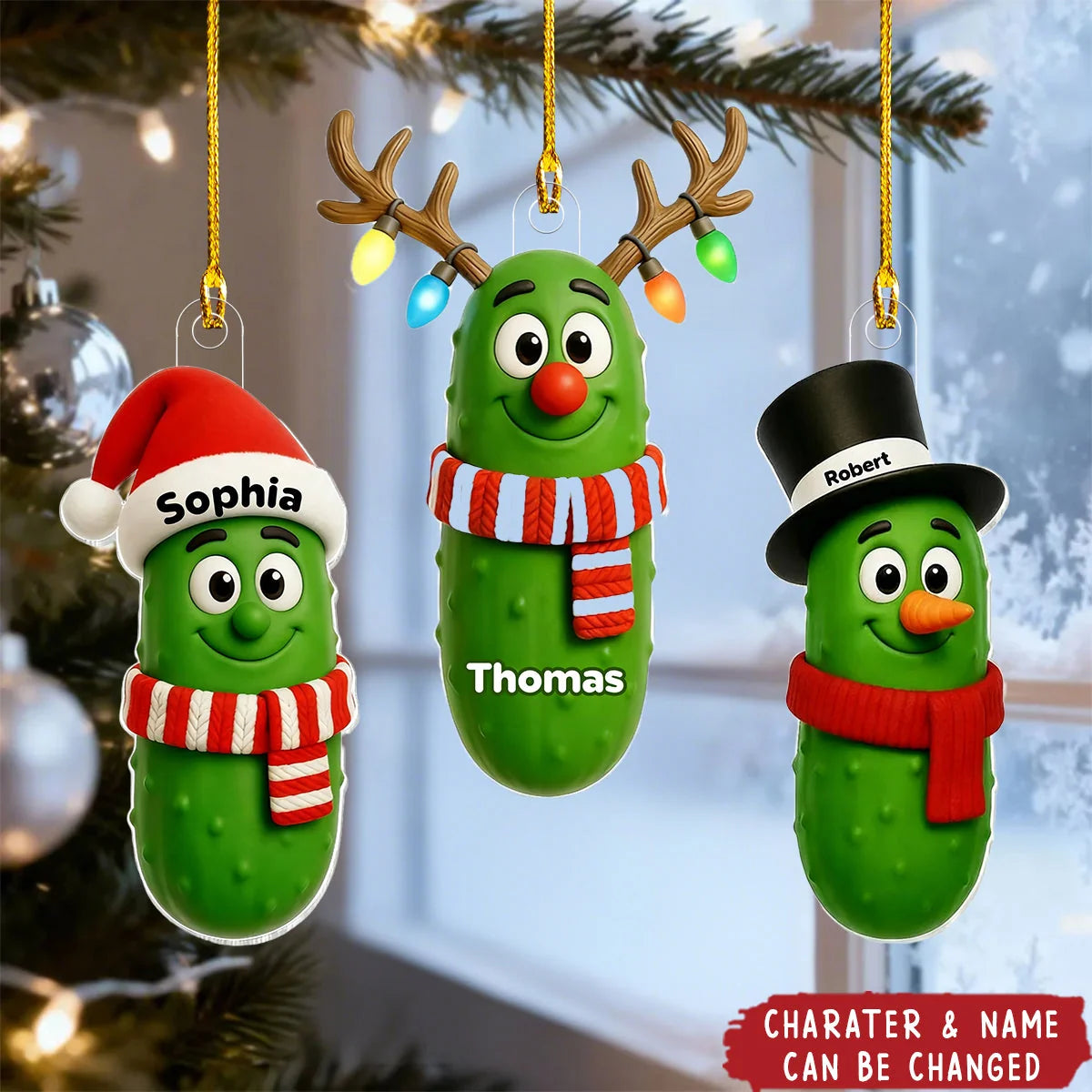 Cute Pickle Characters Personalized Acrylic Ornament - Custom Christmas Keepsake for Family and Kids