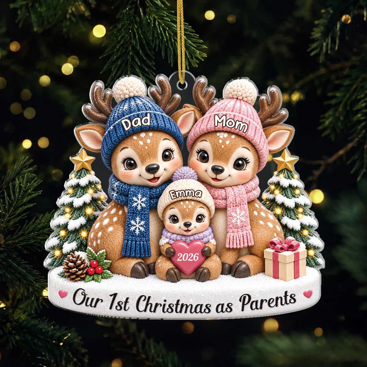 "Our First Christmas as Parents" Deer Family Acrylic Ornament - Custom Gift for New Mom & Dad