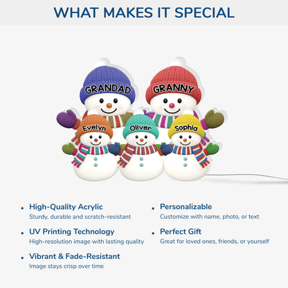 Custom Snowman Family Acrylic Light Box - Personalized Christmas Gift for Grandparents & Family