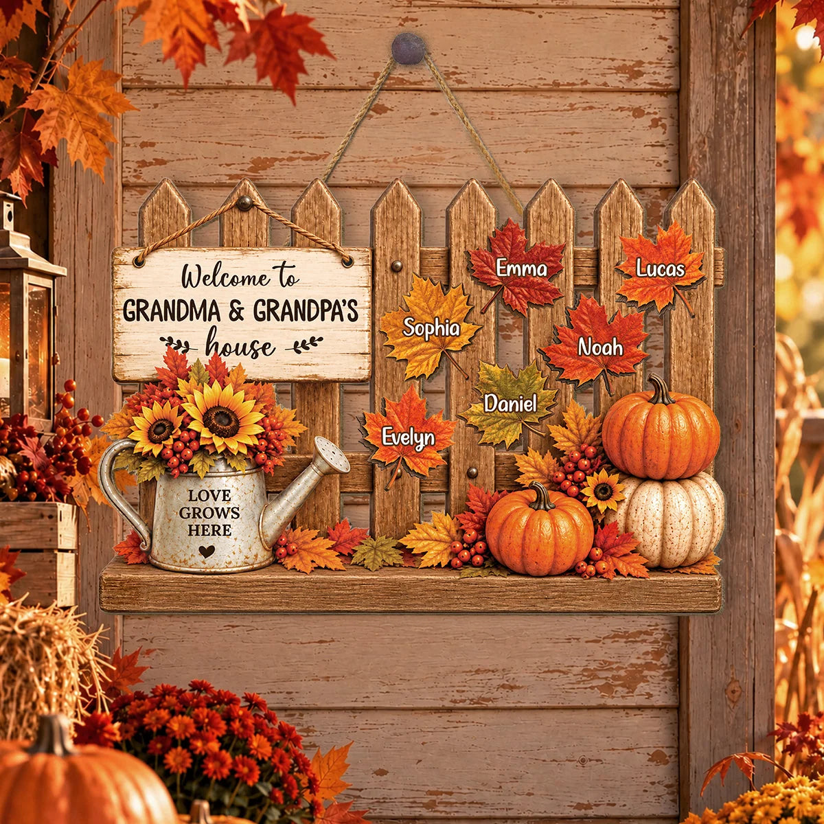 Welcome to Grandma & Grandpa's House Personalized Pumpkin Family Wood Sign - Fall Decor Gift for Grandparents