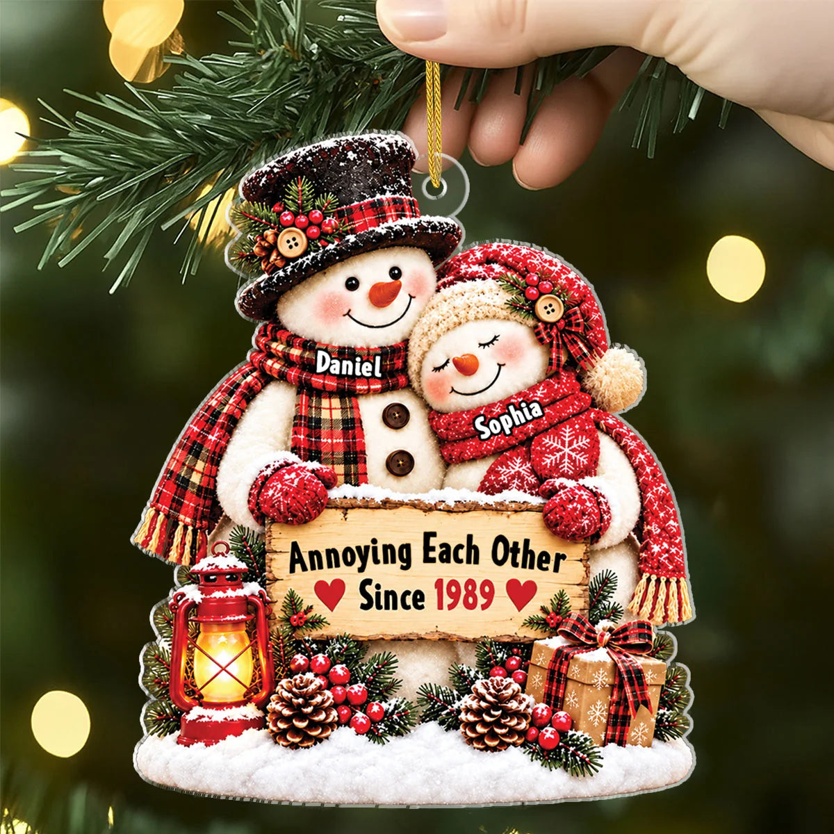 "Growing Old Together" Snowman Couple Personalized Acrylic Ornament - Anniversary Keepsake for Couples