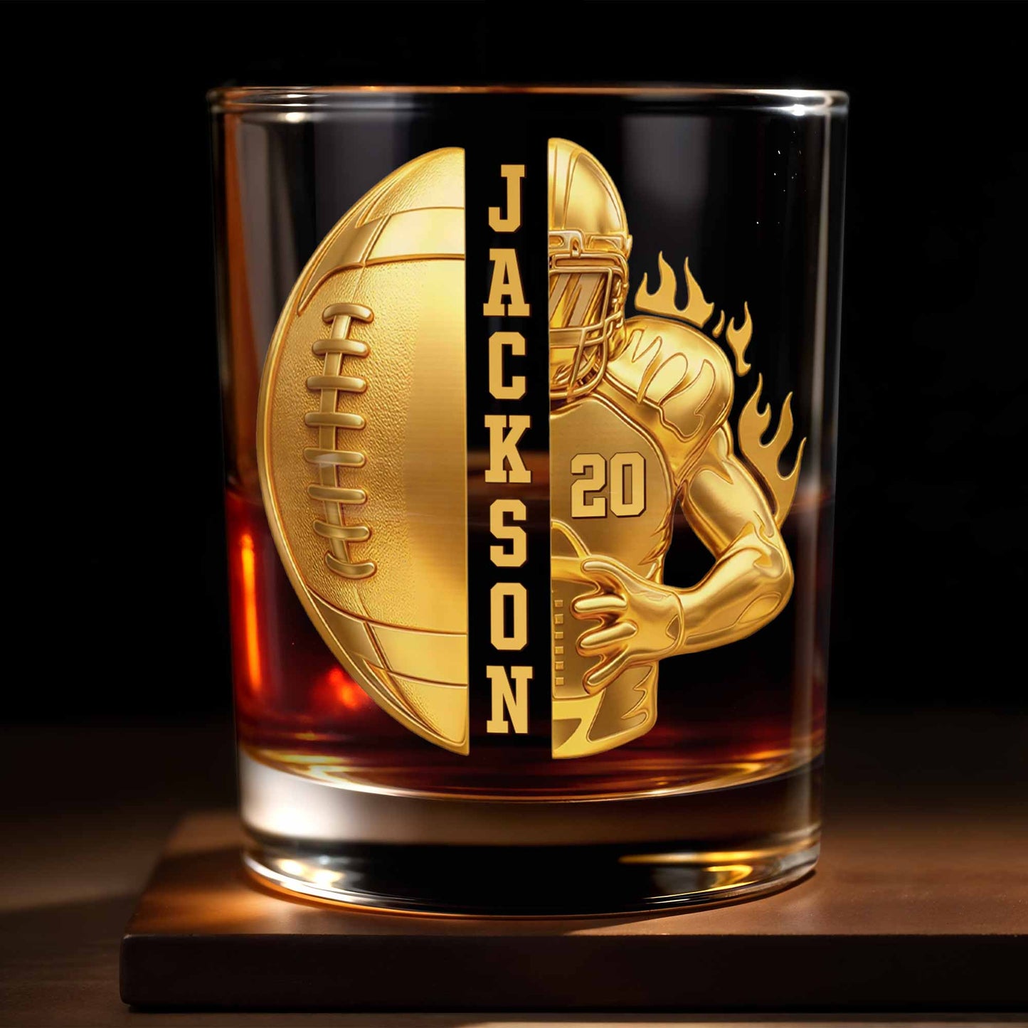 Personalized football whiskey glass with faux 3D golden player design and custom name