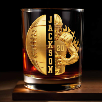 Personalized football whiskey glass with faux 3D golden player design and custom name