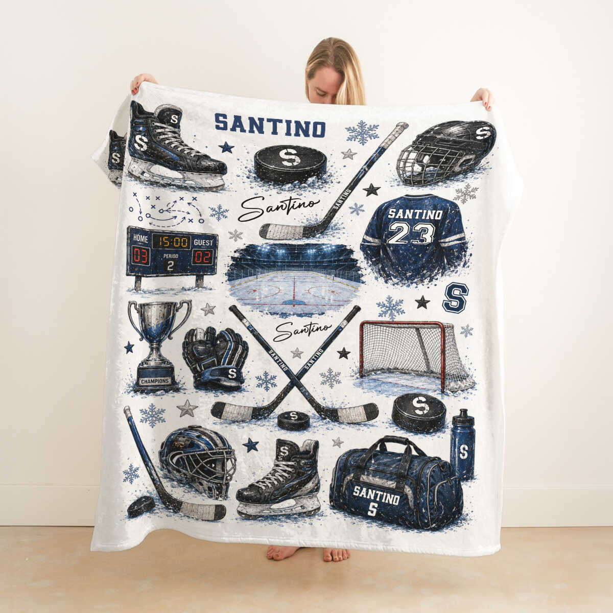 Personalized Hockey Baby Blanket with Name - Custom Ice Hockey Throw Blanket for Boys Nursery Decor & Toddler Gift