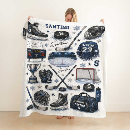 Personalized Hockey Baby Blanket with Name - Custom Ice Hockey Throw Blanket for Boys Nursery Decor & Toddler Gift