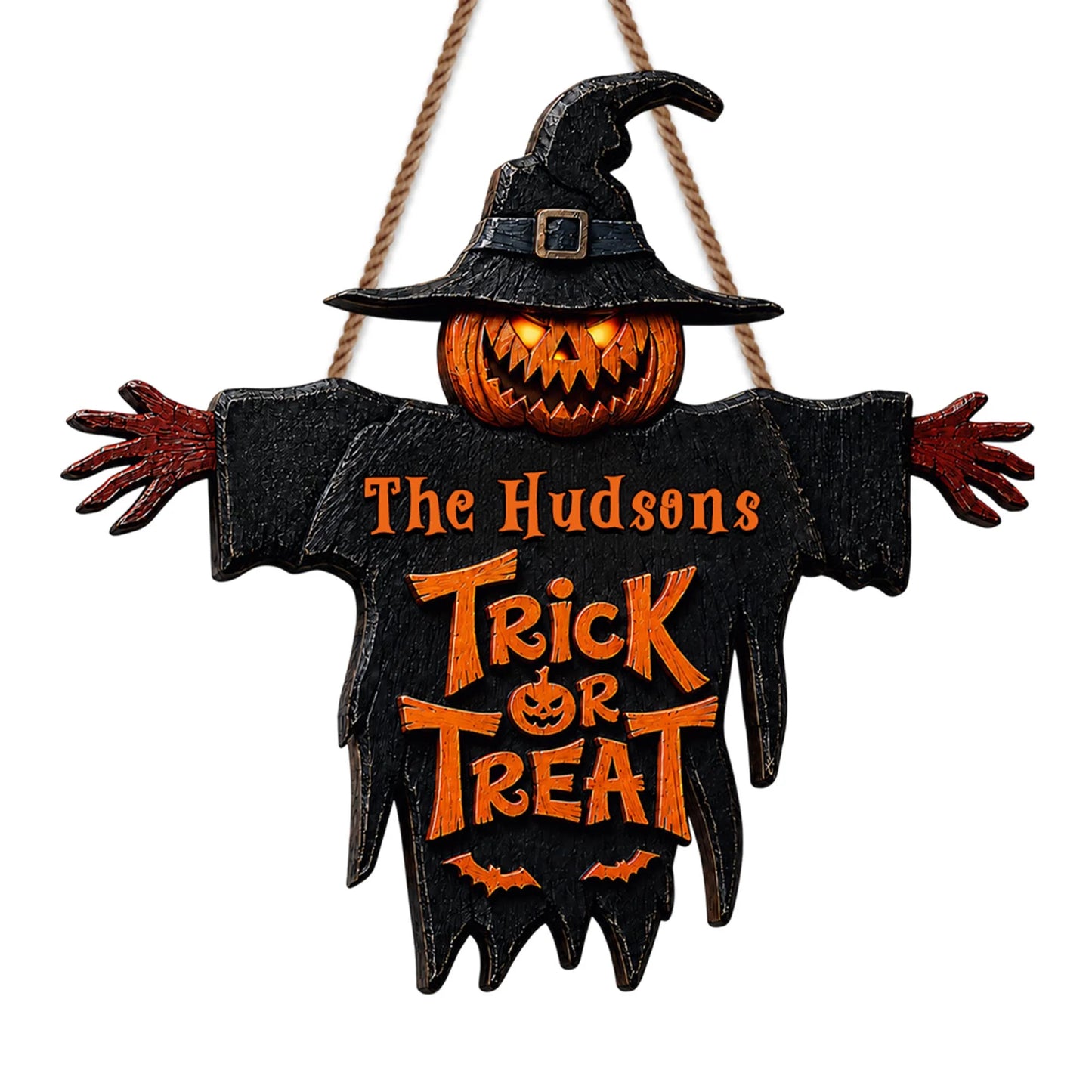 Trick Or Treat Pumpkin Scarecrow Personalized Halloween Wood Sign - Custom Family Front Porch Decor