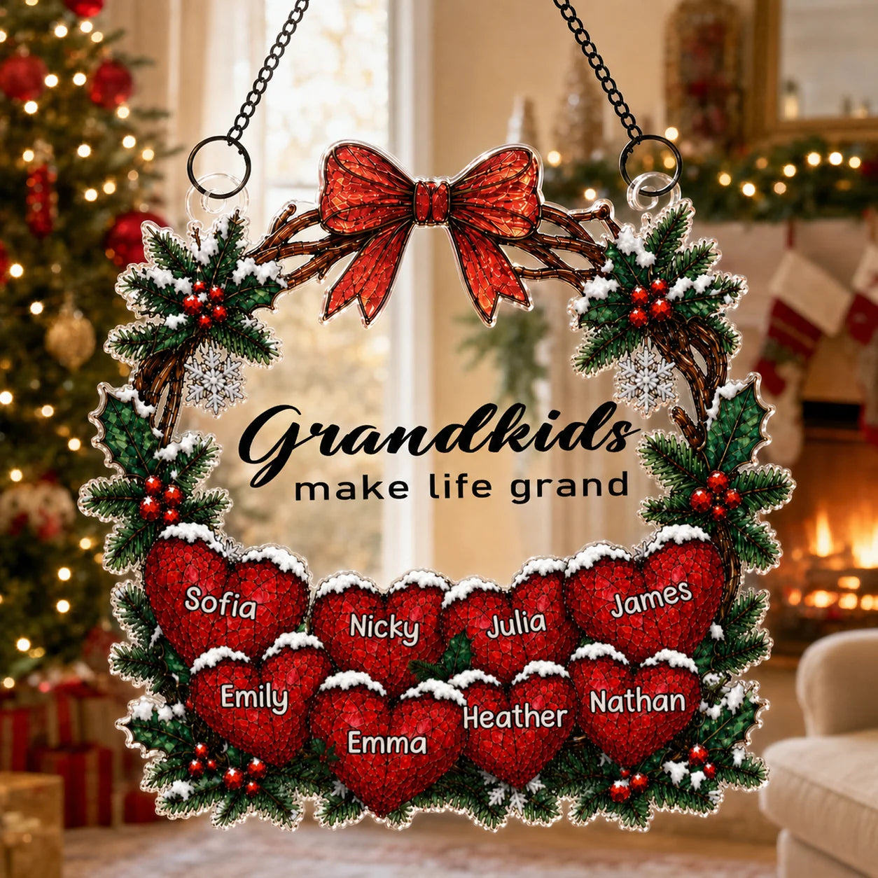 "Grandkids Make Life Grand" Personalized Grandma Suncatcher Ornament - Custom Family Name Christmas Gift Decor