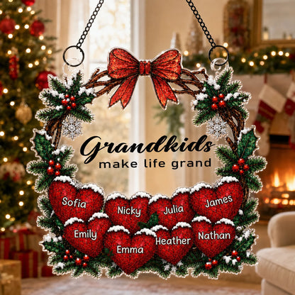 "Grandkids Make Life Grand" Personalized Grandma Suncatcher Ornament - Custom Family Name Christmas Gift Decor