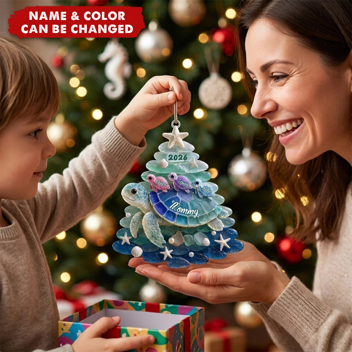 Personalized Turtle Grandma Acrylic Ornament - Custom Sea Turtle Family Christmas Keepsake