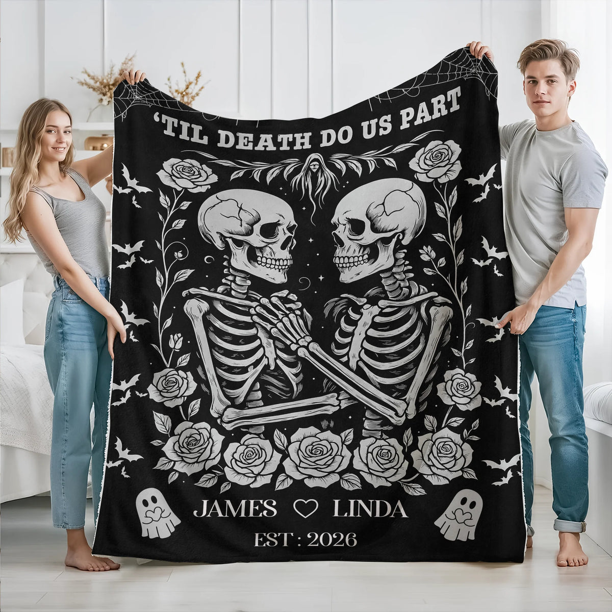 'Til Death Do Us Part Personalized Skeleton Couple Blanket - Custom Gothic Wedding Gift for Couples
