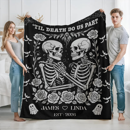 'Til Death Do Us Part Personalized Skeleton Couple Blanket - Custom Gothic Wedding Gift for Couples