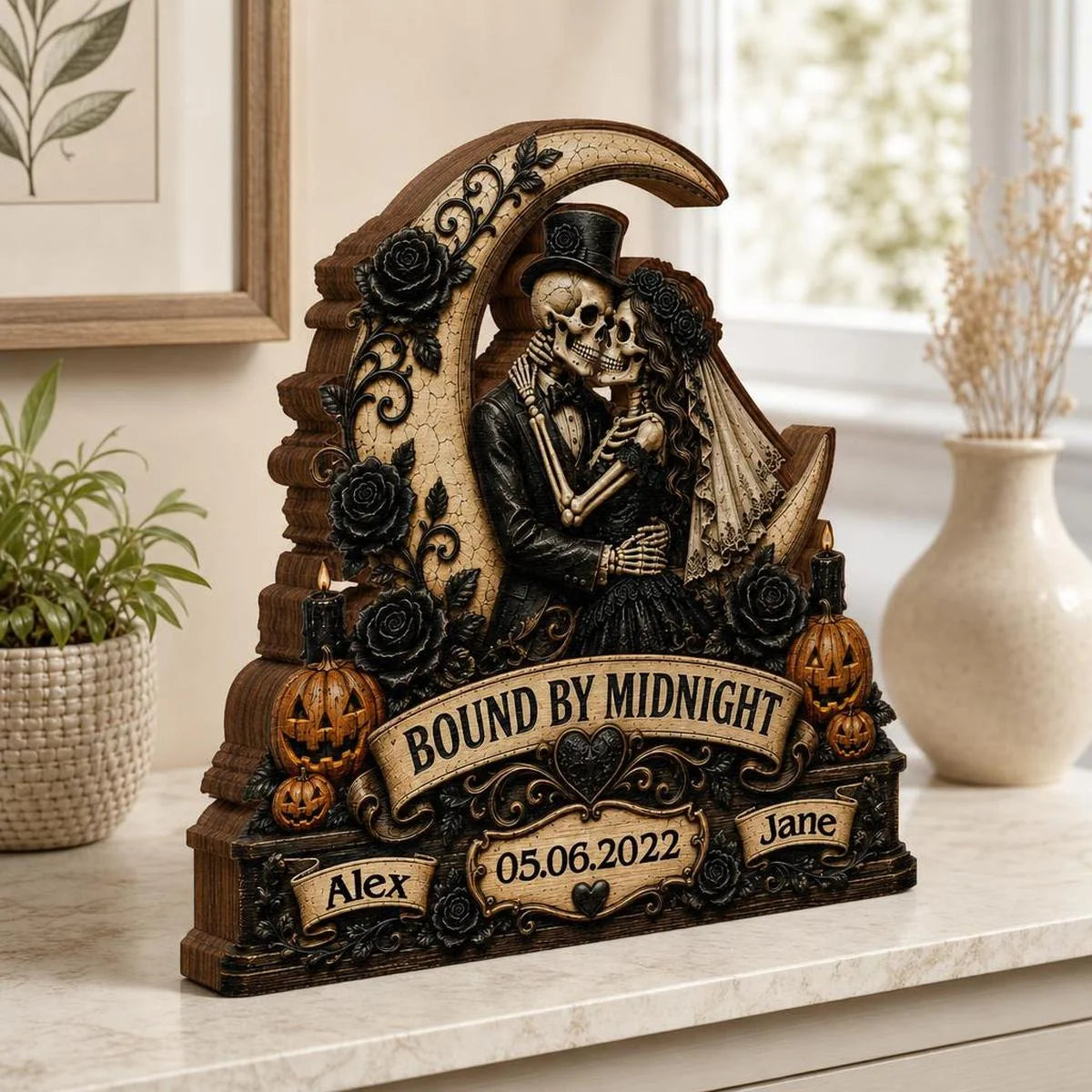 Bound By Midnight Personalized Skeleton Couple Wooden Block - Custom Halloween Anniversary Gift