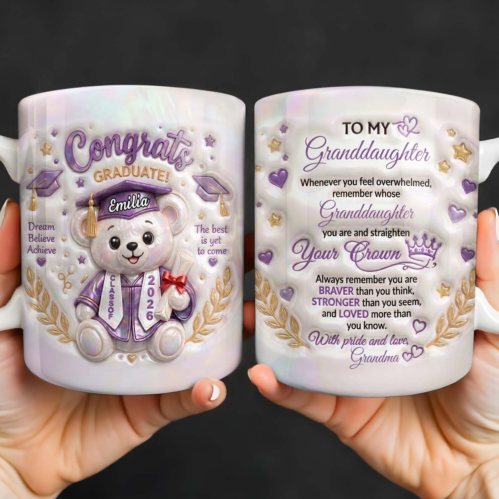 Personalized graduation mug for granddaughter featuring a cute graduation bear with class of 2026 quote from Grandma