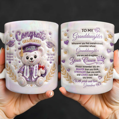 Personalized graduation mug for granddaughter featuring a cute graduation bear with class of 2026 quote from Grandma