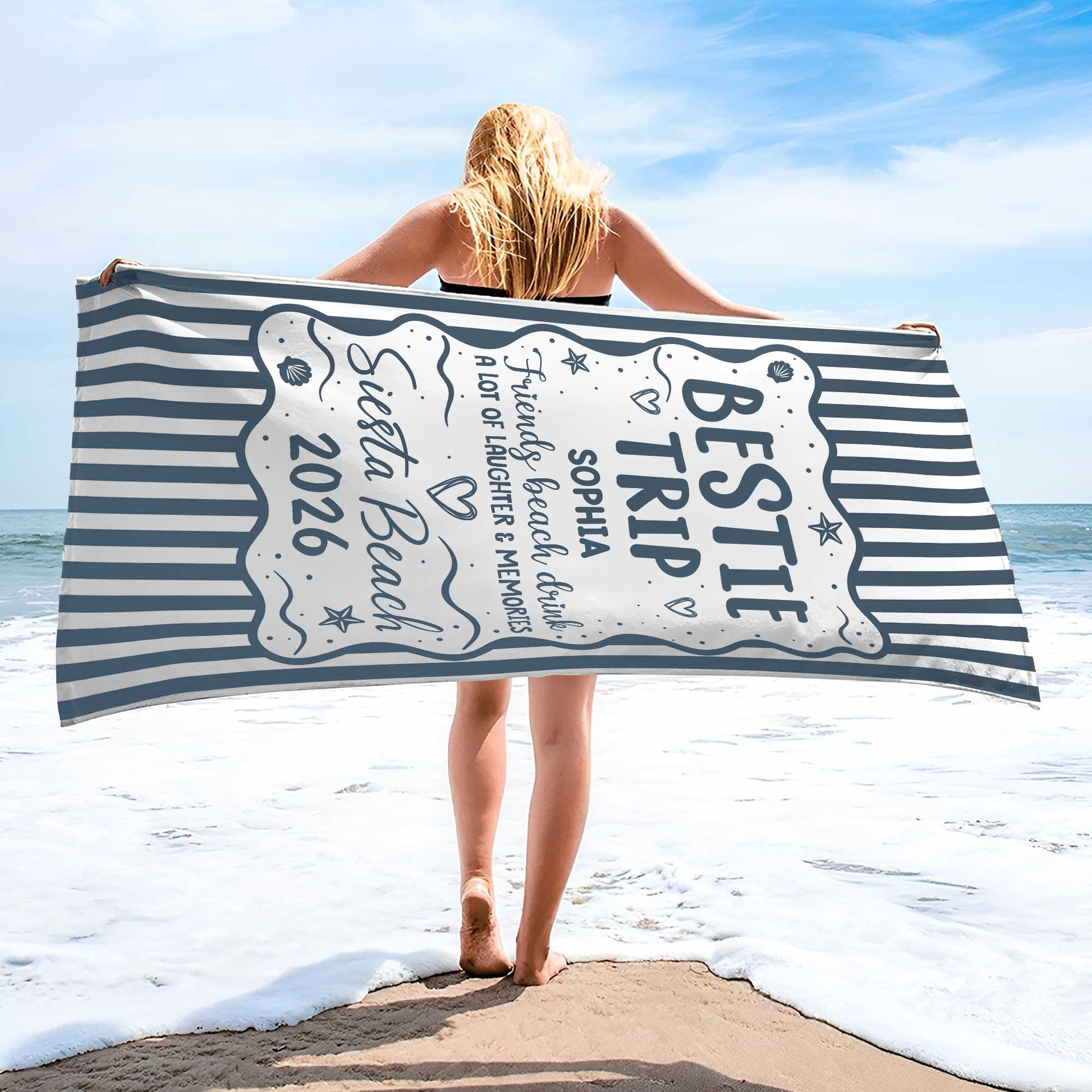 Custom Bestie Trip Beach Towel for Best Friends with personalized design details for meaningful gifting image 6