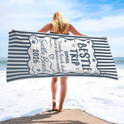 Custom Bestie Trip Beach Towel for Best Friends with personalized design details for meaningful gifting image 6