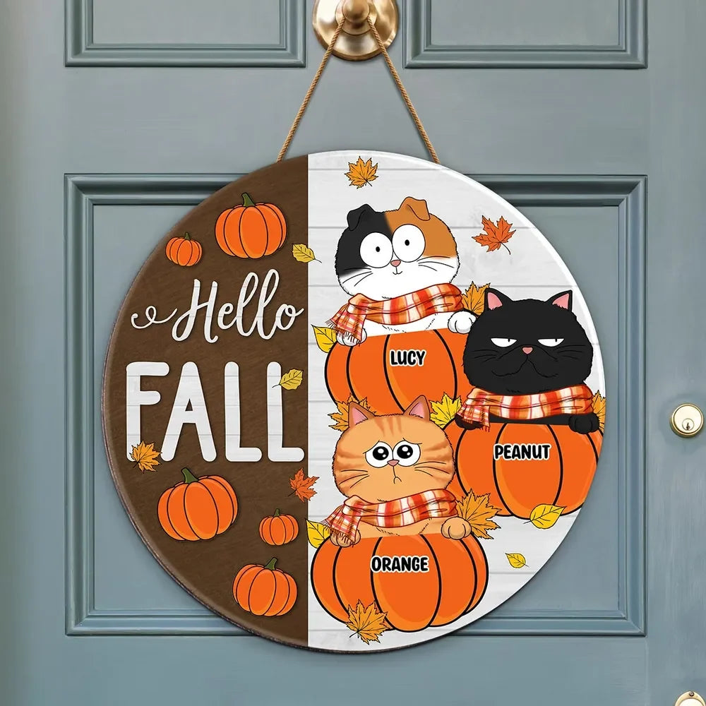 Hello Fall Cute Cats Custom Round Wood Sign - Personalized Autumn Pumpkin Door Hanger Gift for Cat Lovers