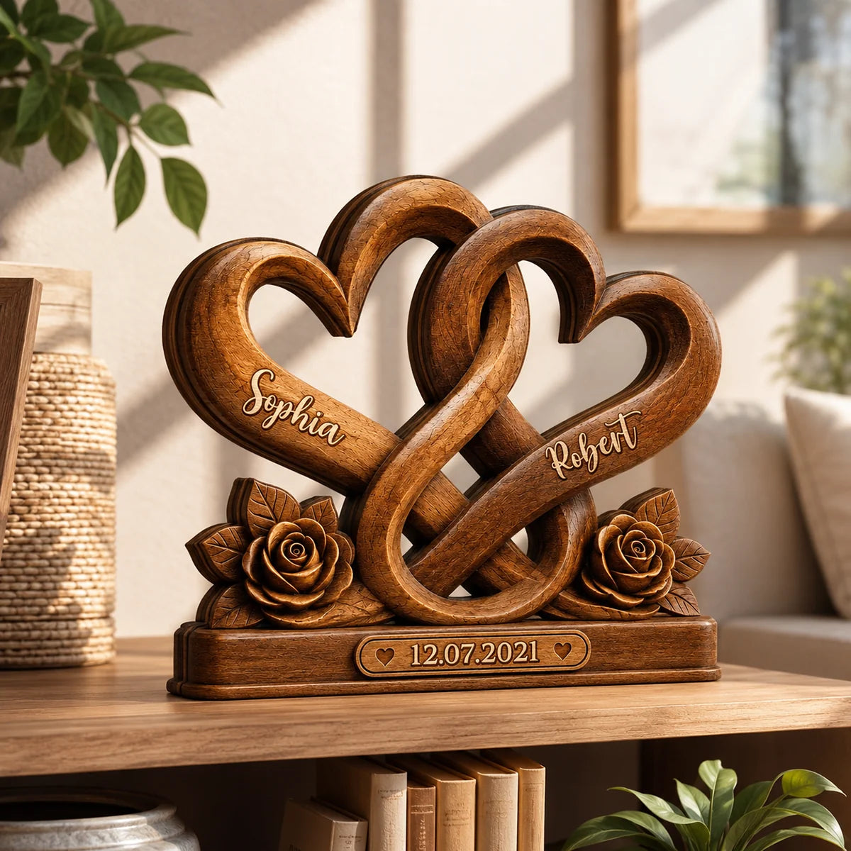 Forever Entwined Hearts Personalized Wooden Block - Custom Couples Romantic Anniversary Gift