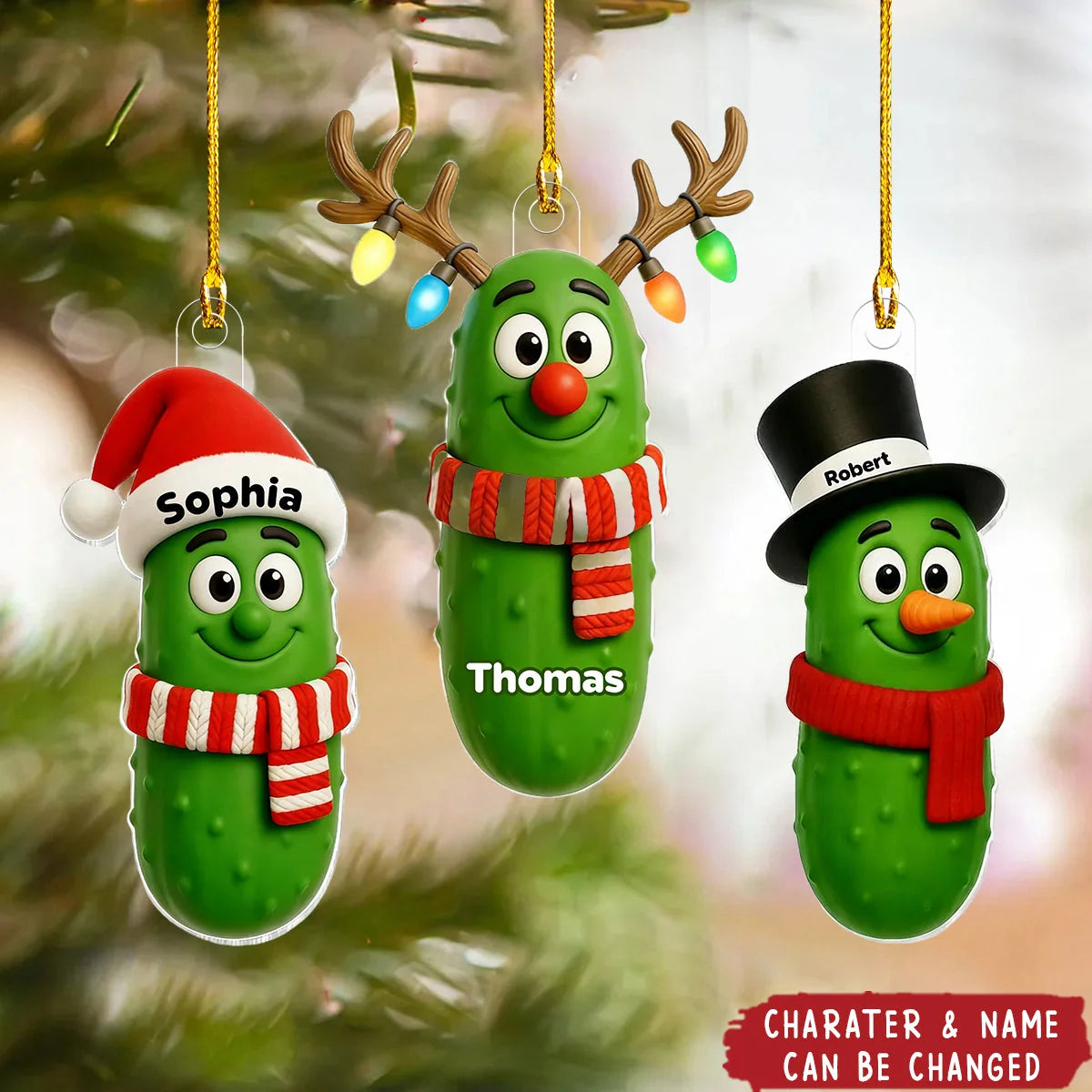 Cute Pickle Characters Personalized Acrylic Ornament - Custom Christmas Keepsake for Family and Kids