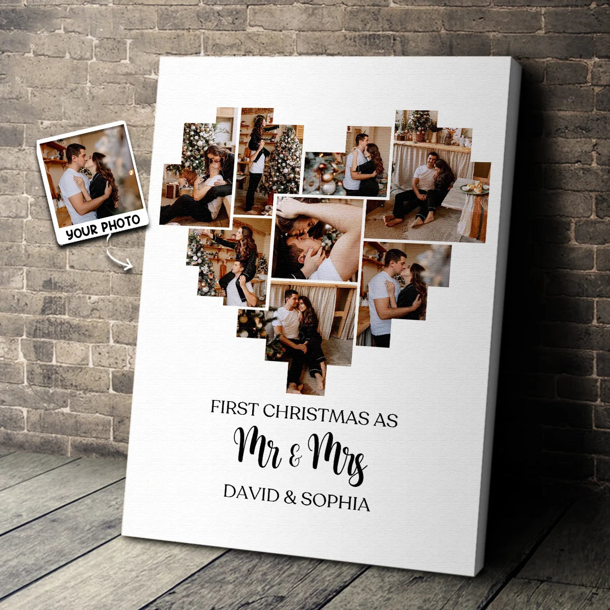 "First Christmas As Mr & Mrs" - Personalized Photo Heart Collage Canvas / Poster for Couples