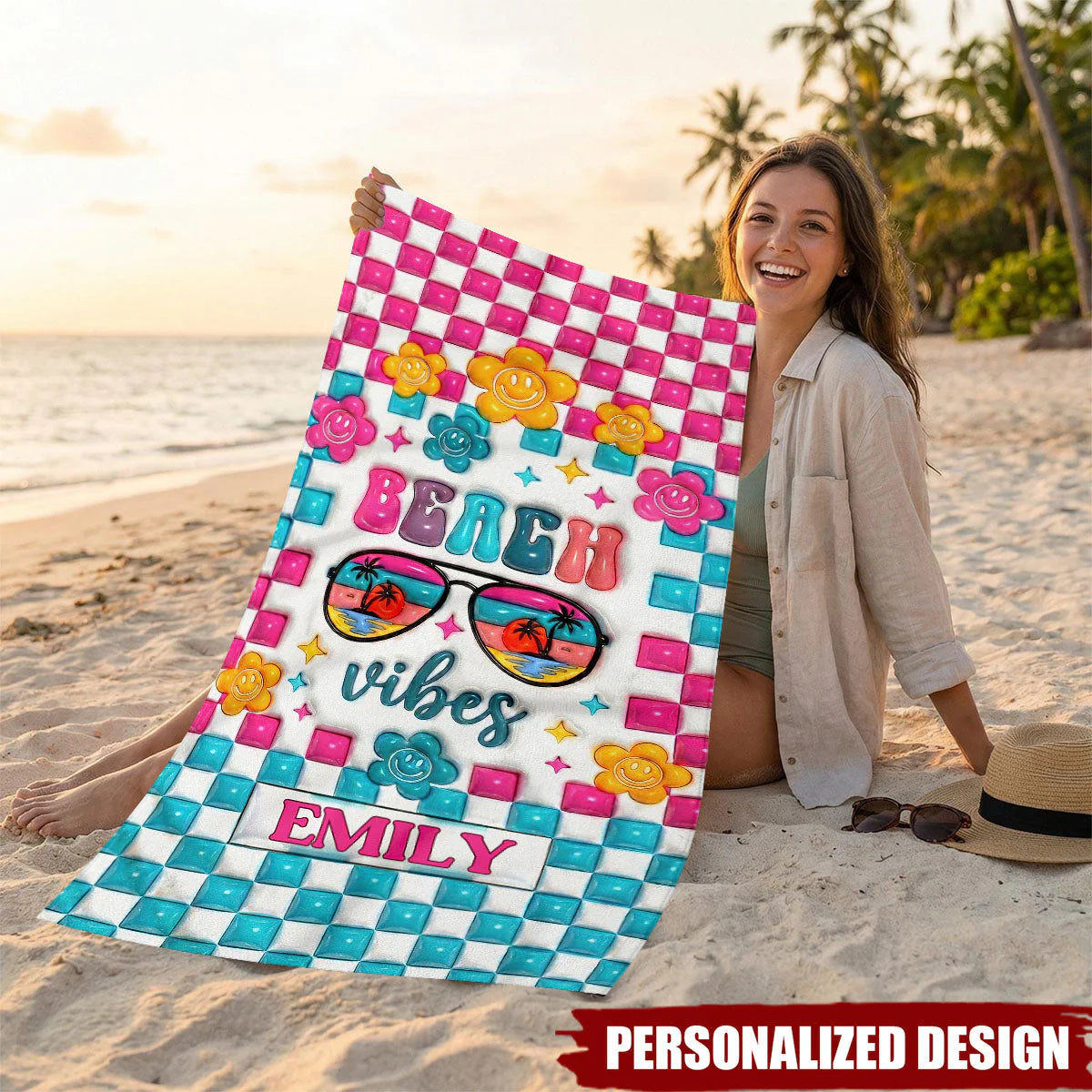 Personalized beach towel with retro pink and cyan checkerboard, Y2K smiley flowers, and a custom name plaque. image 6