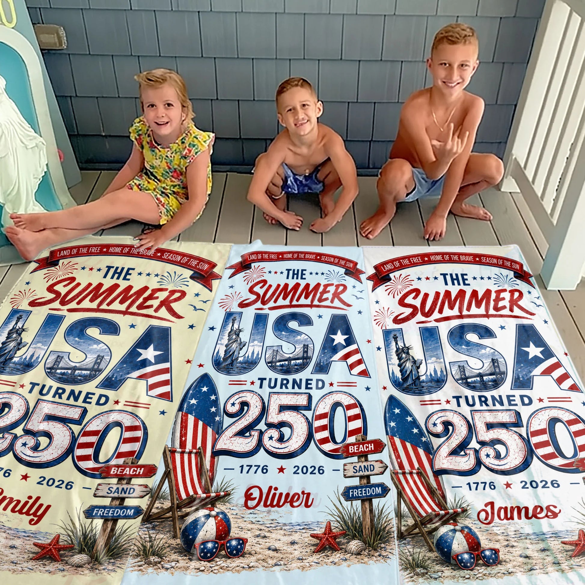 Personalized beach towel featuring The Summer USA Turned 250 design with custom name print for patriotic summer vacations. image 6