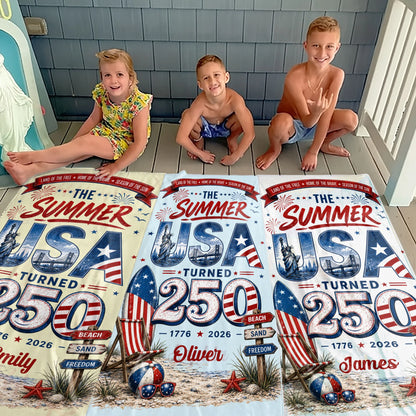Personalized beach towel featuring The Summer USA Turned 250 design with custom name print for patriotic summer vacations. image 6