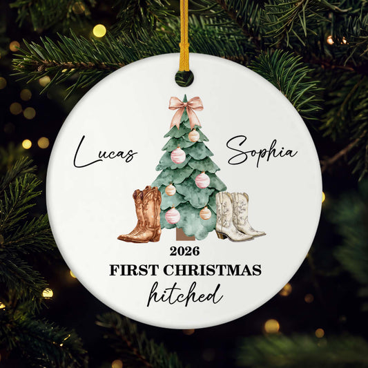 First Christmas Hitched Personalized Ceramic Ornament - Just Married Keepsake for Couples