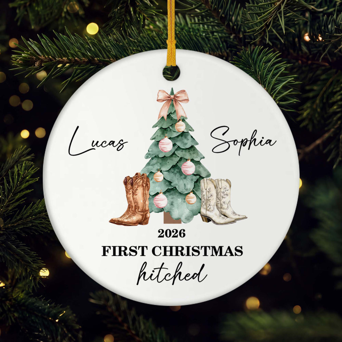 First Christmas Hitched Personalized Ceramic Ornament - Just Married Keepsake for Couples
