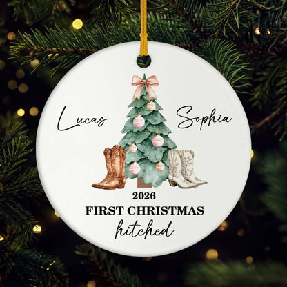 First Christmas Hitched Personalized Ceramic Ornament - Just Married Keepsake for Couples