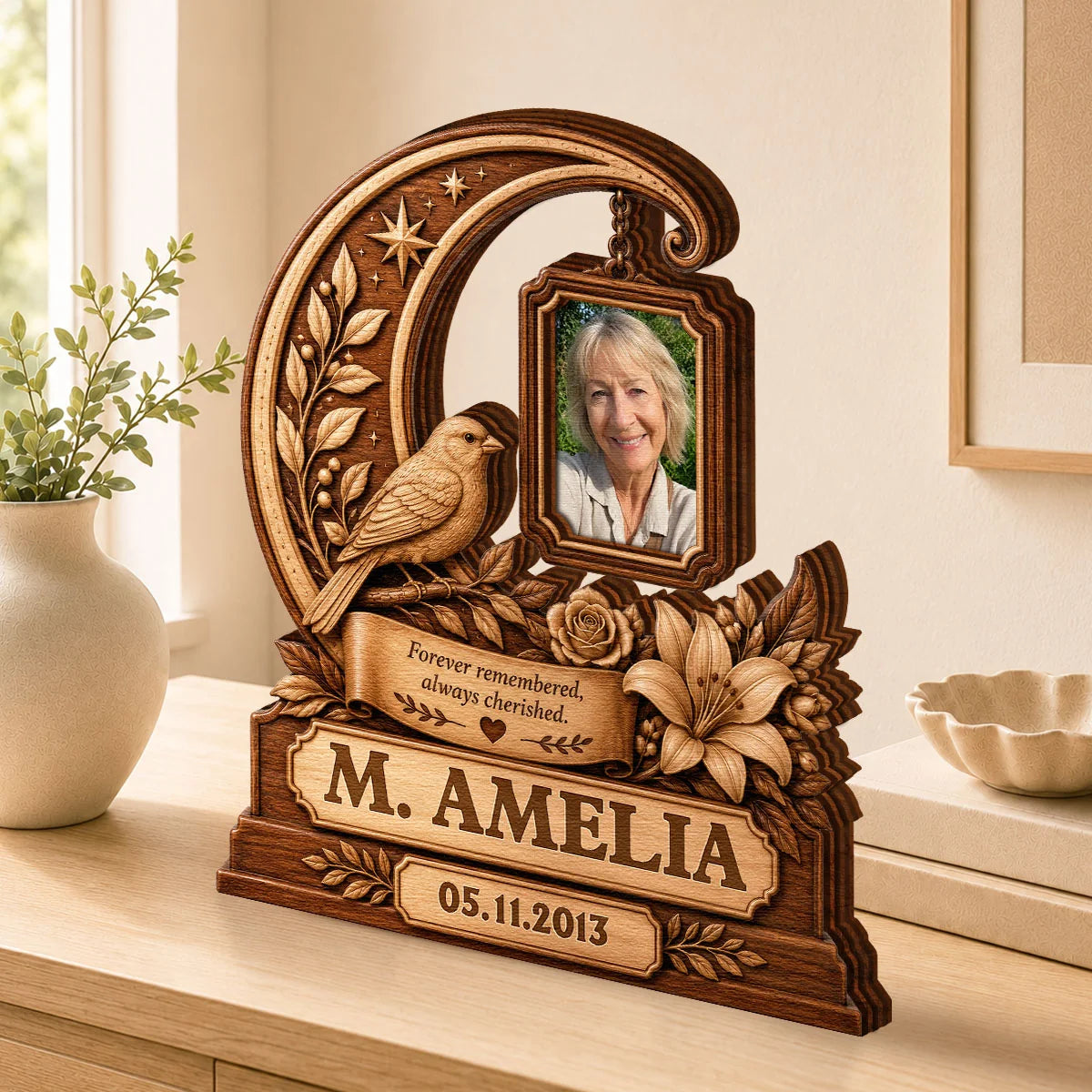 "Forever Remembered Always Cherished" Personalized Memorial Wooden Block - Custom Photo Sympathy Keepsake Gift for Family