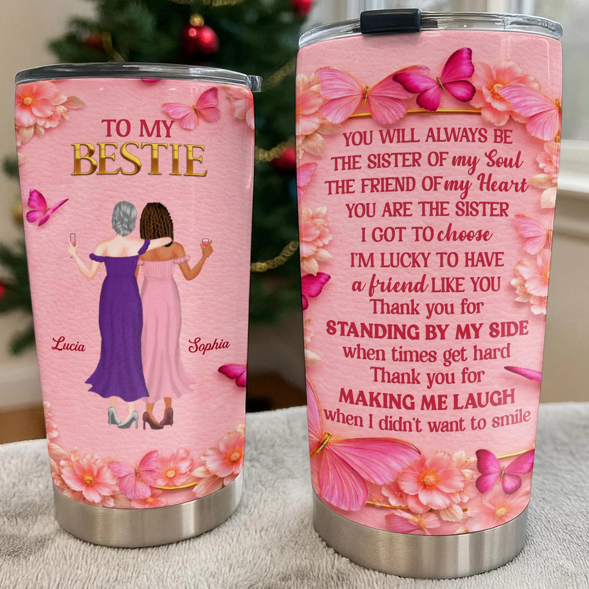 To My Bestie, Women Toasting With Flowers Stainless Steel Tumbler