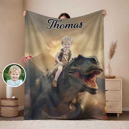 Personalized kids photo blanket featuring a custom photo face ride on a dinosaur or unicorn with name text.