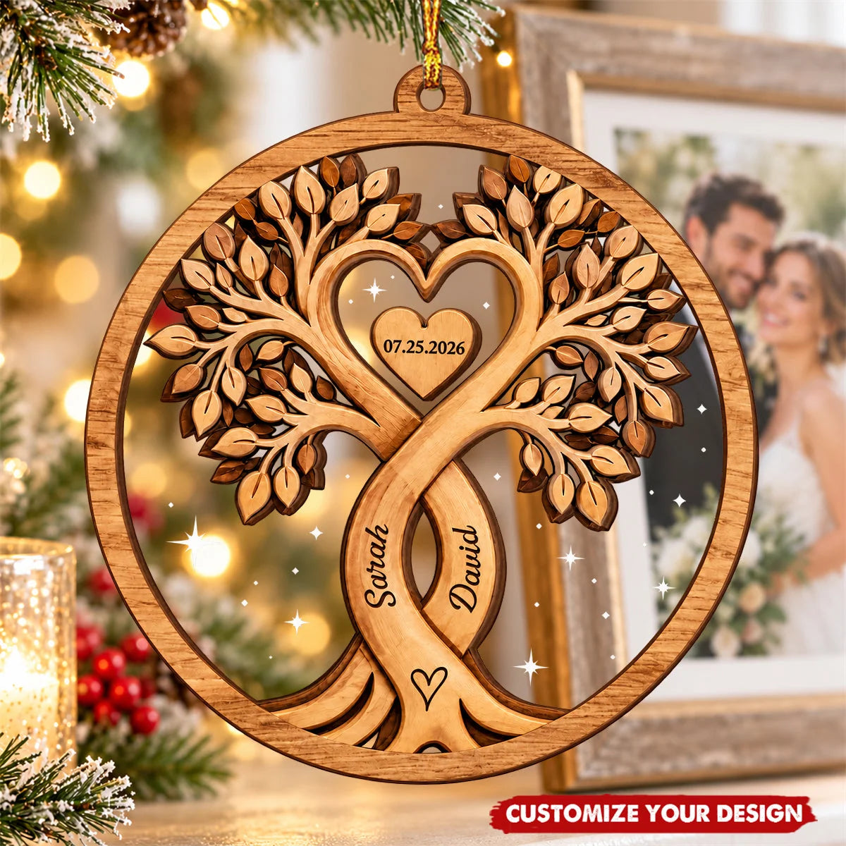 Heart Tree Personalized Couple Ornament with Custom Names and Date - Christmas and Anniversary Gift