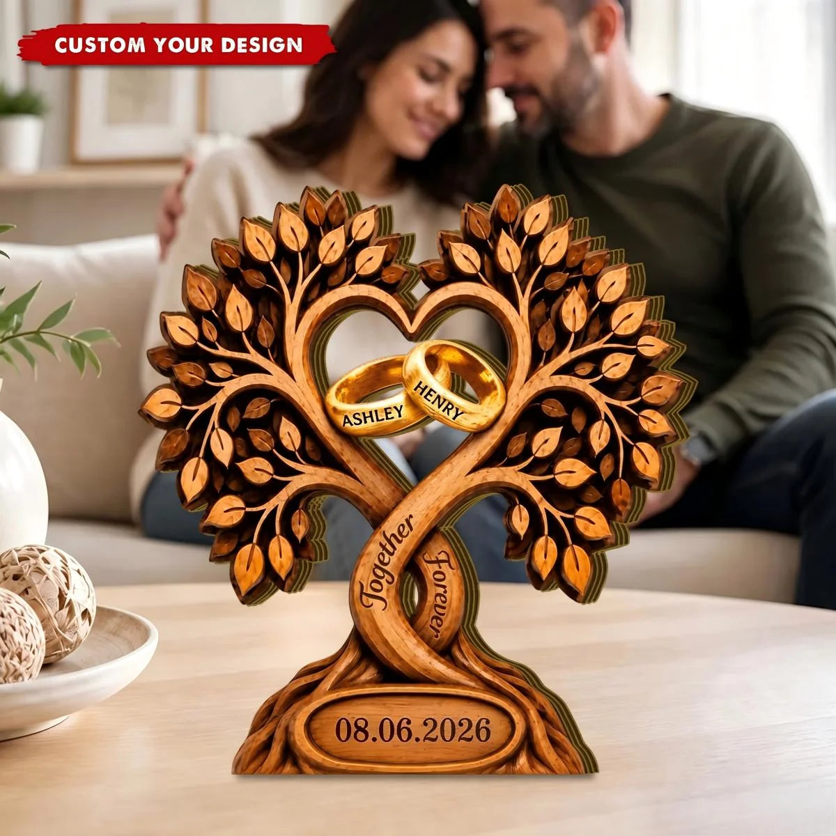 Together Forever Personalized Wooden Block - Custom Heart Tree & Rings for Couple Anniversary Gift