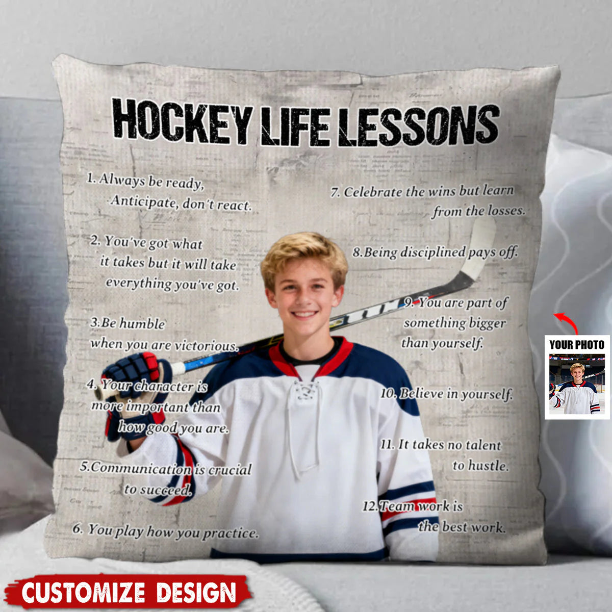 Pillow material and size view - Personalized Hockey Life Lessons Photo Pillow