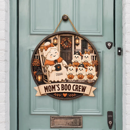 Grandma's Boo Crew Personalized Halloween Wood Sign - Custom Grandkids Name Round Door Hanger Wall Decor