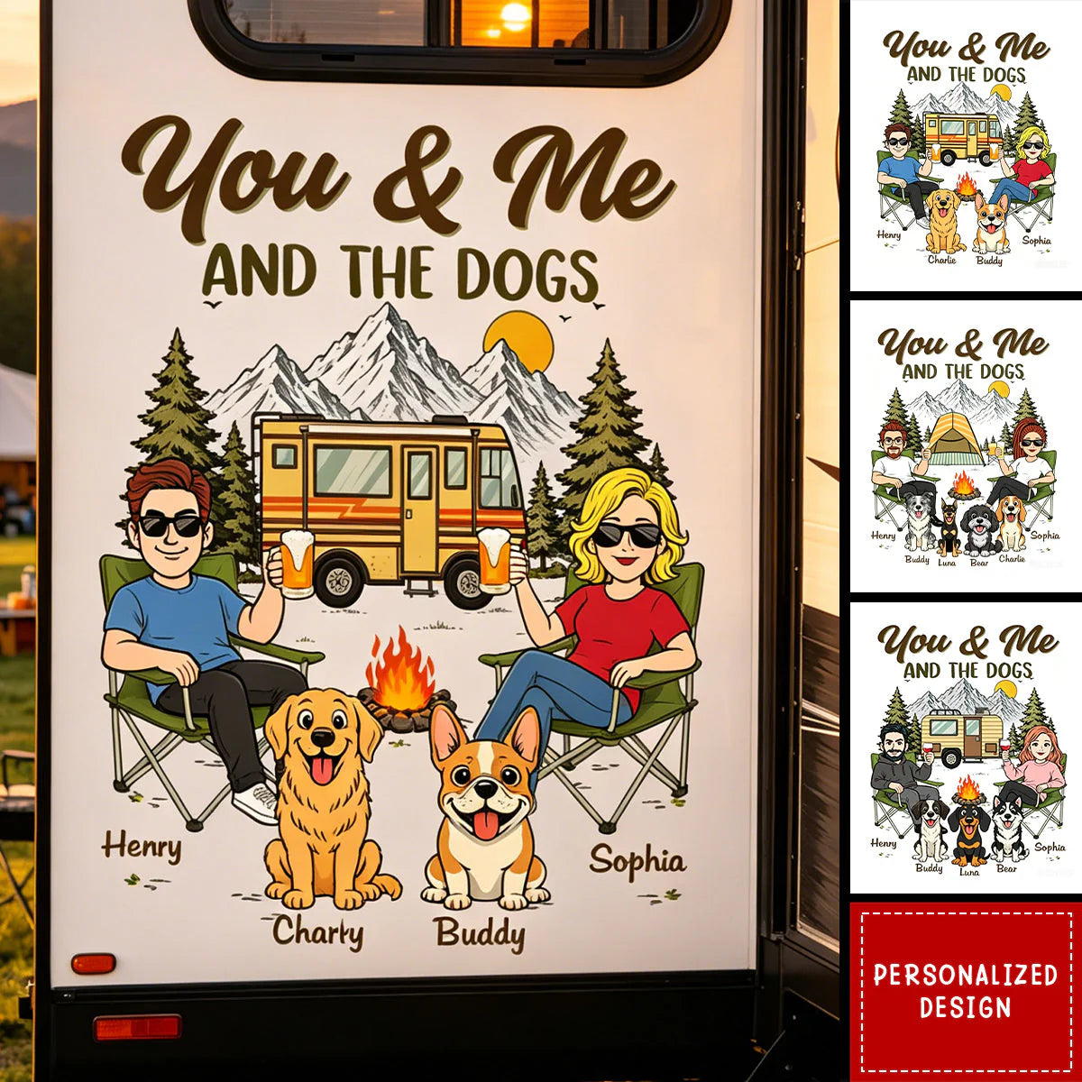 Personalized RV decal featuring a couple with their dogs by a campfire, titled You & Me and the Dogs.