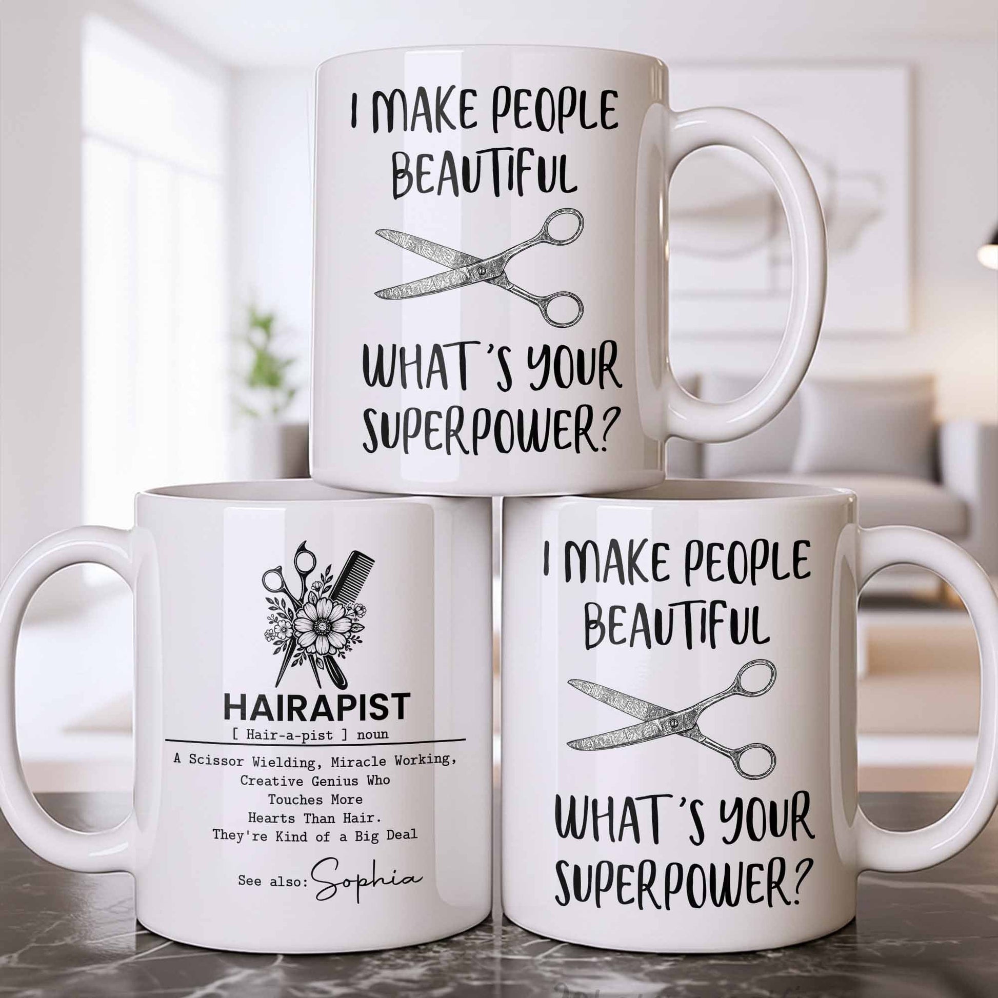 Personalized hair stylist mug featuring Hairapist definition and floral scissors design for hairdresser gifts image 10
